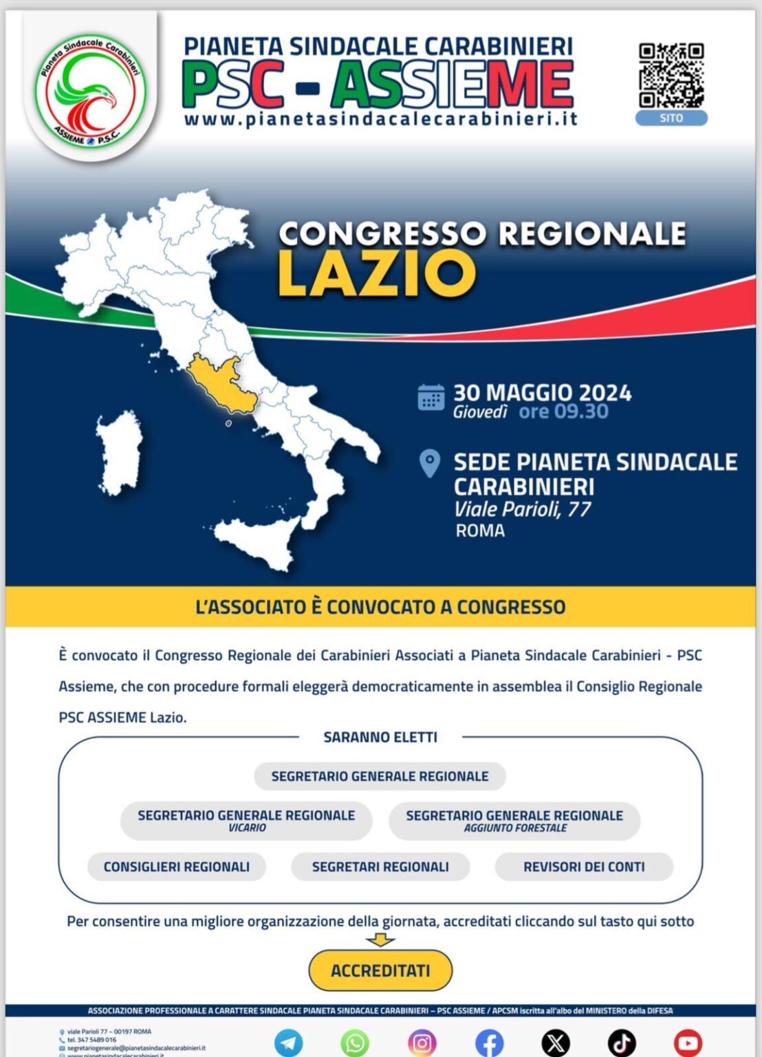 Giovedì prossimo il congresso regionale dei Carabinieri associazioni a PSC