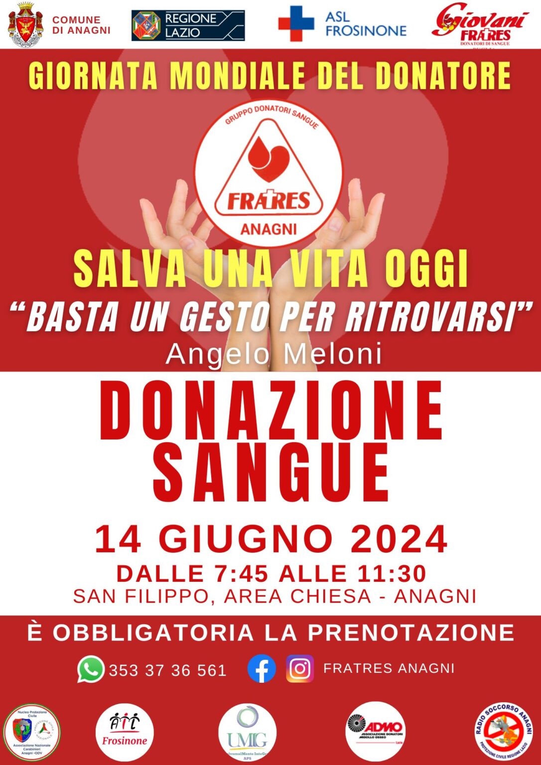 Giornata mondiale del donatore di sangue. “Fratres Anagni” ancora in prima linea